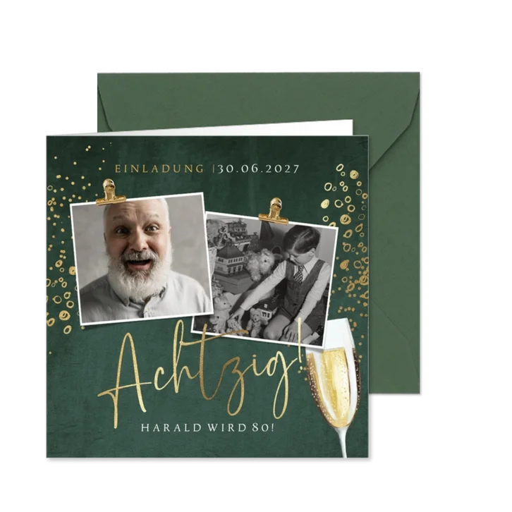 Einladung 80. Geburtstag Fotos und Sektglas