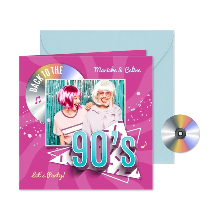 Einladung 90er-Party mit CD und Foto