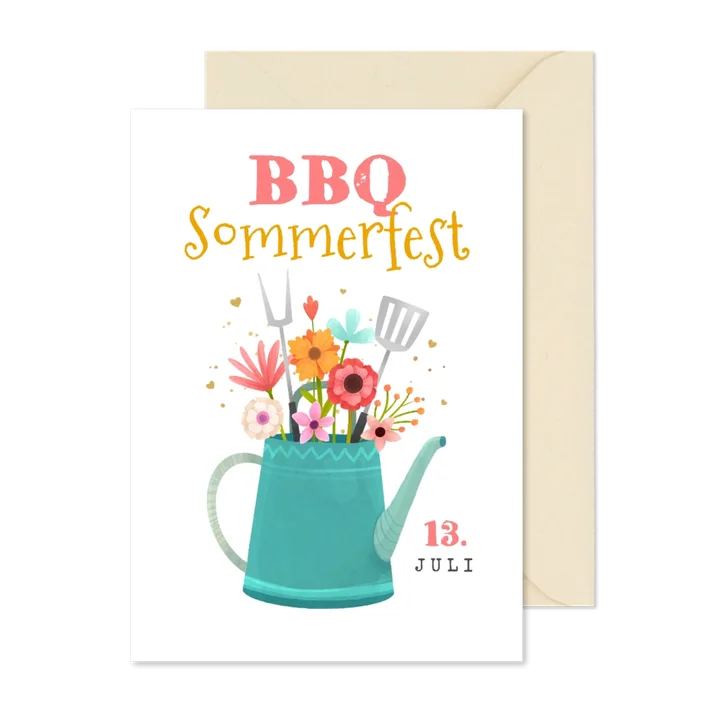Einladung BBQ Sommerfest Gießkanne mit Blumen