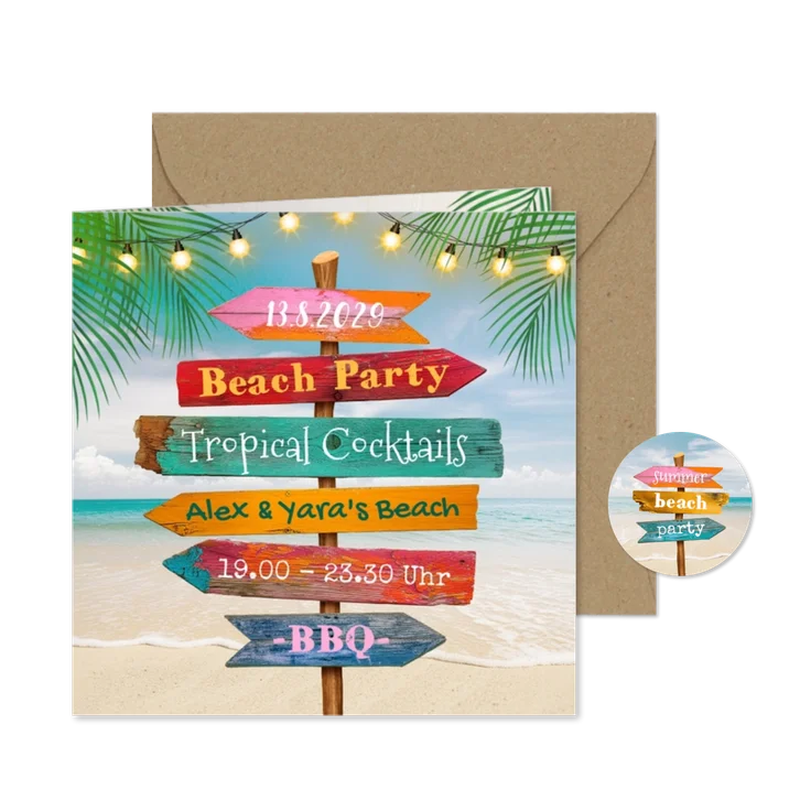 Einladung Beachparty bunte Wegweiser mit Strand