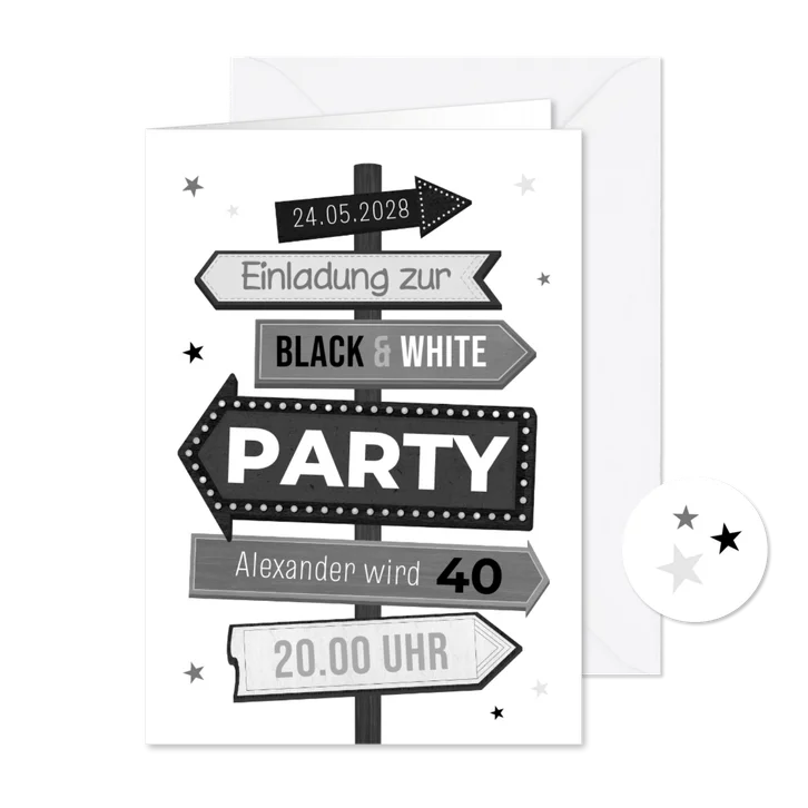 Einladung Black & White-Geburtstagsparty Wegweiser