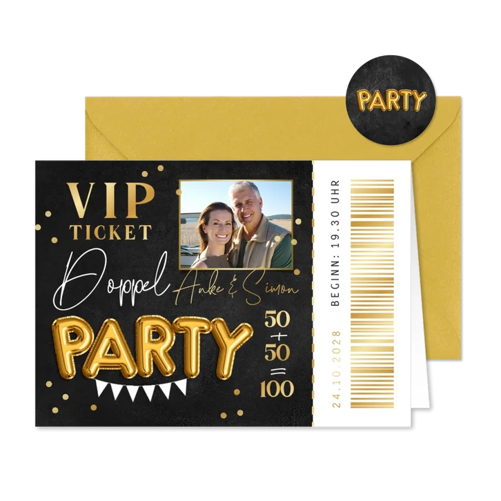 Einladung Doppelgeburtstag VIP-Partyticket gold