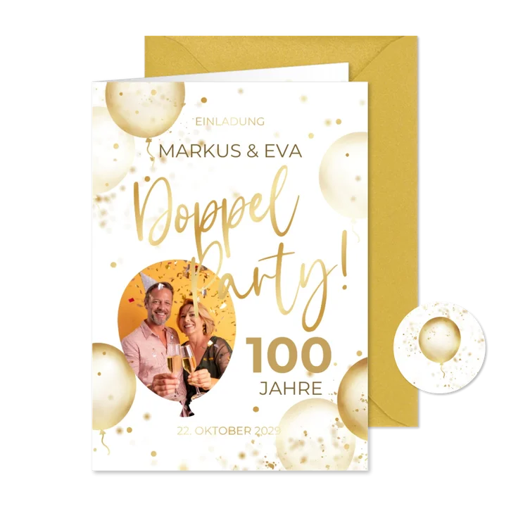 Einladung Doppelparty Foto, Luftballons & Gold