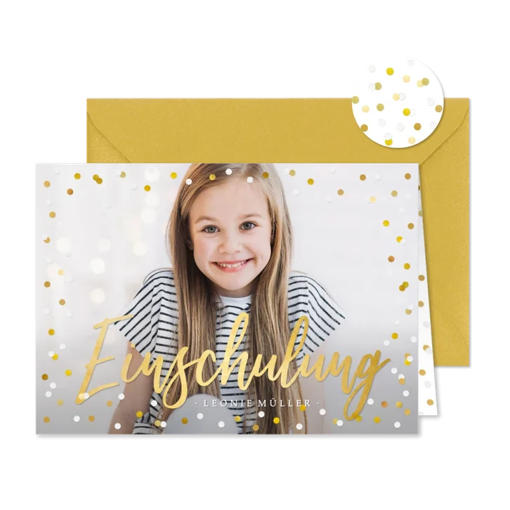 Einladung Einschulung großes Foto & Konfetti