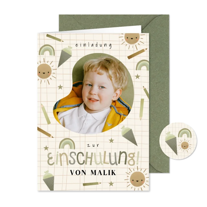 Einladung Einschulung kleine Symbole olivgrün & Foto