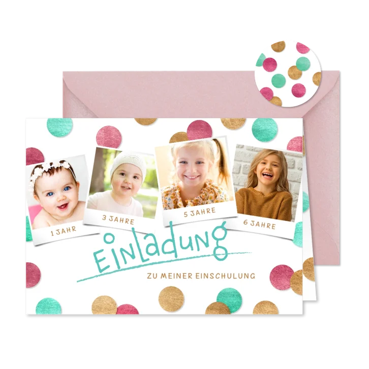 Einladung Einschulung Konfetti & Fotocollage pink