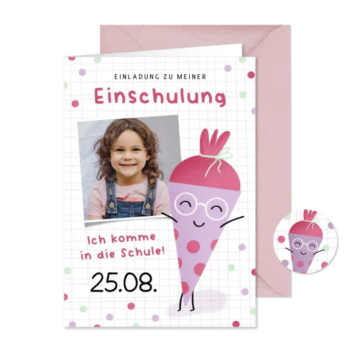 Einladung Einschulung lustige Schultüte lila