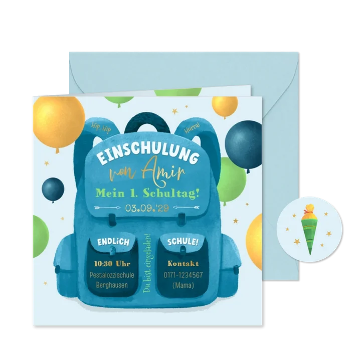 Einladung Einschulung Rucksack und Luftballons