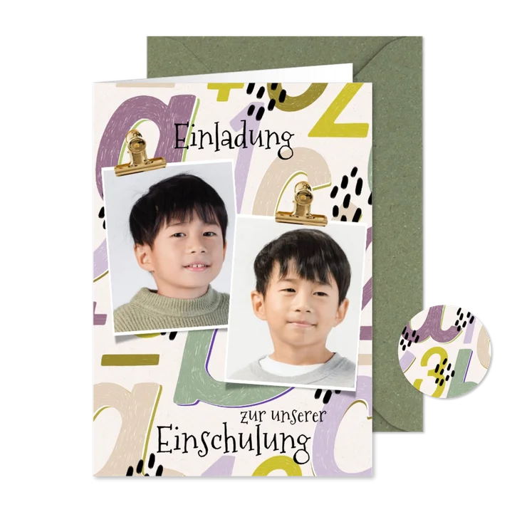 Einladung Einschulung Zwilling Buchstaben grün-lila