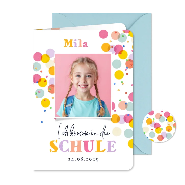 Einladung Einschulungstag Foto & bunte Konfetti