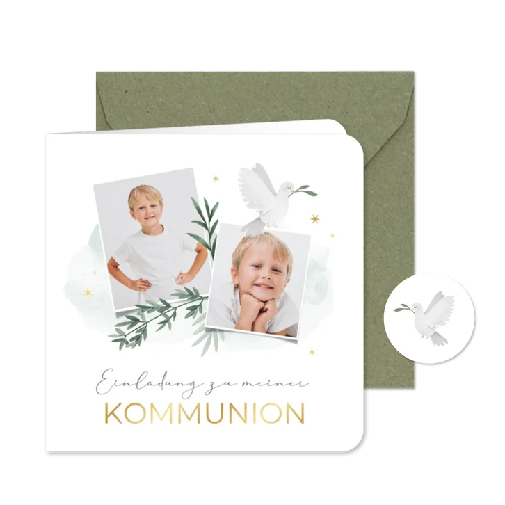 Einladung Erstkommunion Fotos, Zweige und Taube