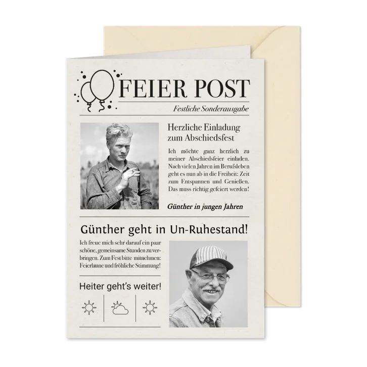 Einladung Feierpost Zeitung zur Rente
