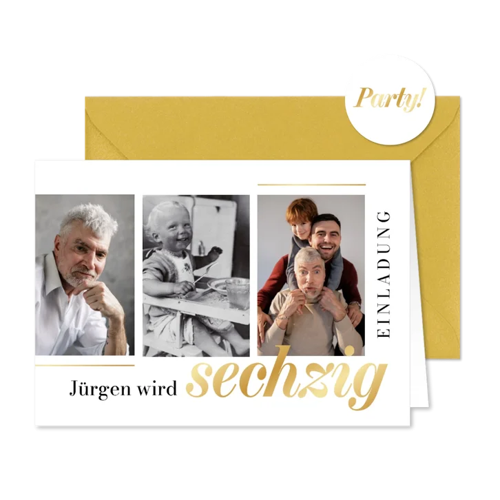 Einladung Geburtstag Fotoreihe Sechzig golden