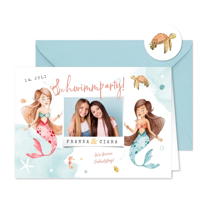 Einladung Geburtstag Geschwister mit Foto & Meerjungfrauen