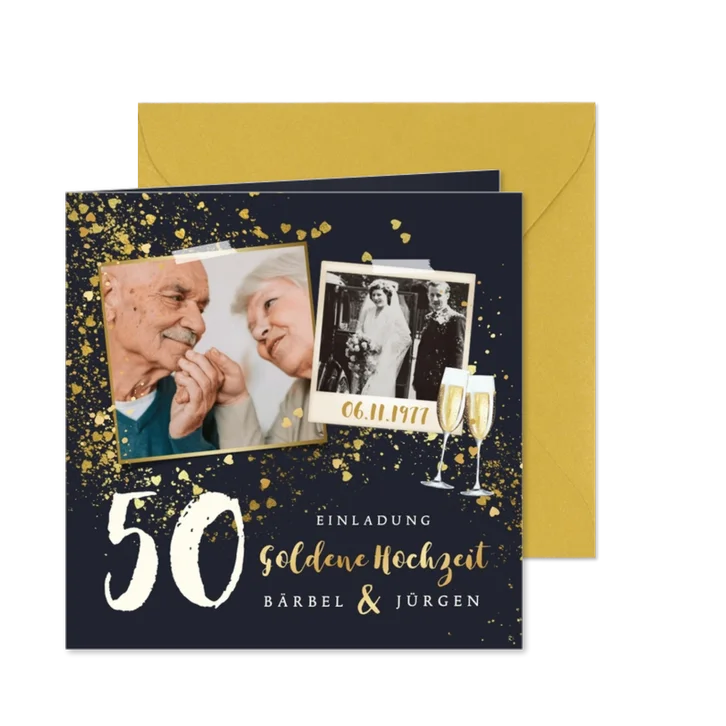 Einladung goldene Hochzeit Glitzer Sprenkel & Fotocollage