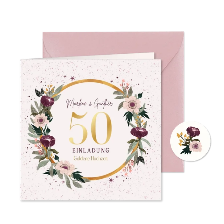 Einladung Goldene Hochzeit mit elegantem Blumenkranz
