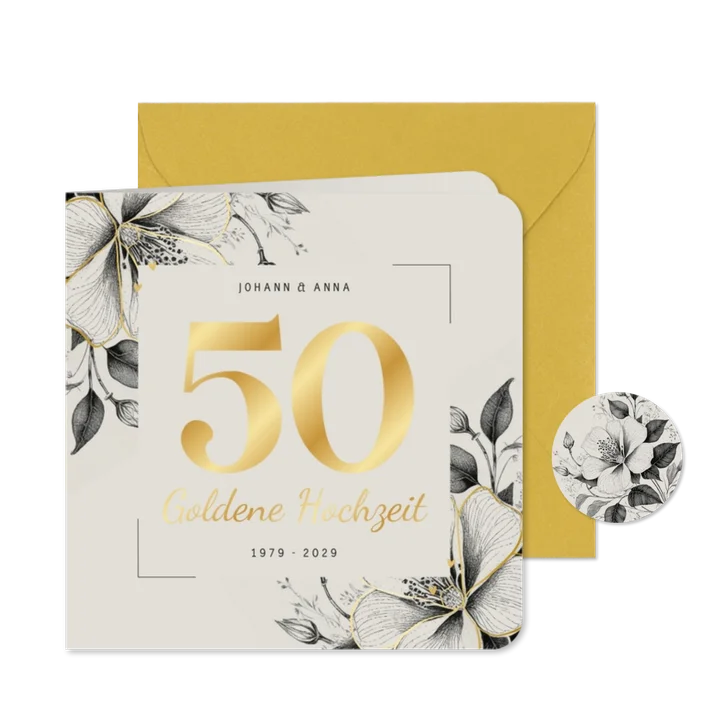 Einladung Goldene Hochzeit Vintage Blumen & Gold