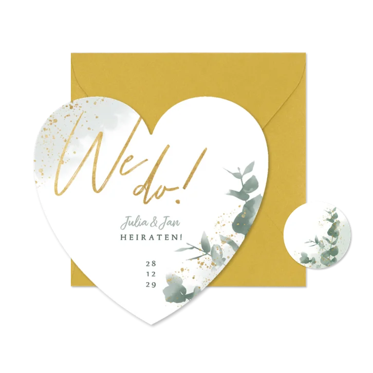 Einladung Herzkarte Eukalyptus Gold Hochzeit