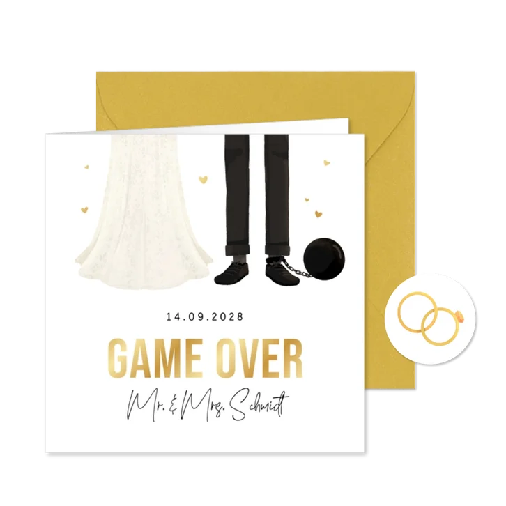 Einladung Hochzeit Fußfessel 'Game over' mit Gold