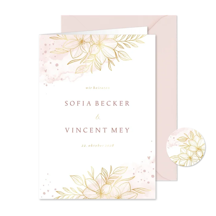 Einladung Hochzeit Goldblumen auf Aquarell