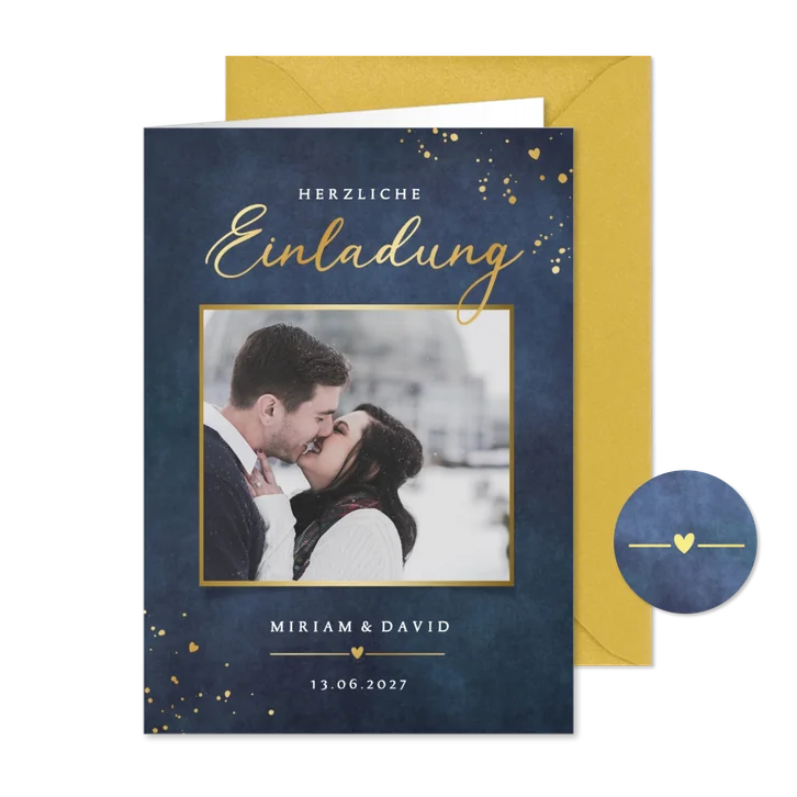 Einladung Hochzeit mit Foto Gold auf Blau