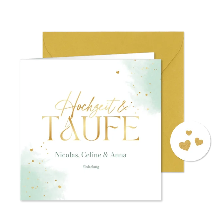 Einladung Hochzeit/Taufe mintgrünes Aquarell & Goldherzchen