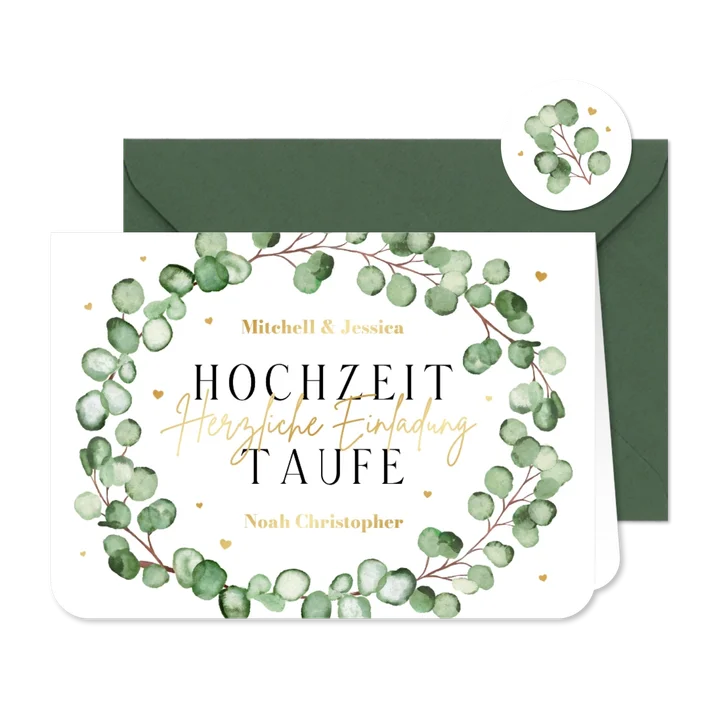 Einladung Hochzeit & Taufe Eukalyptuskranz Aquarell