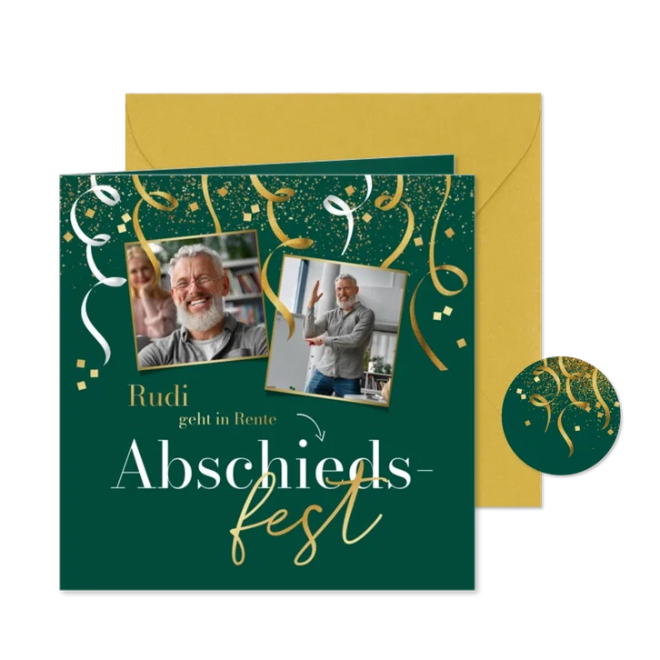 Einladung in Grün Abschiedsfest Fotocollage & Luftschlangen