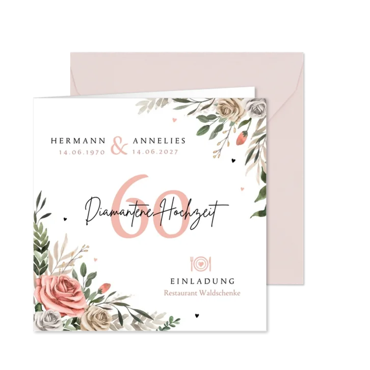 Einladung Jubiläum 60. Hochzeitstag Rosen