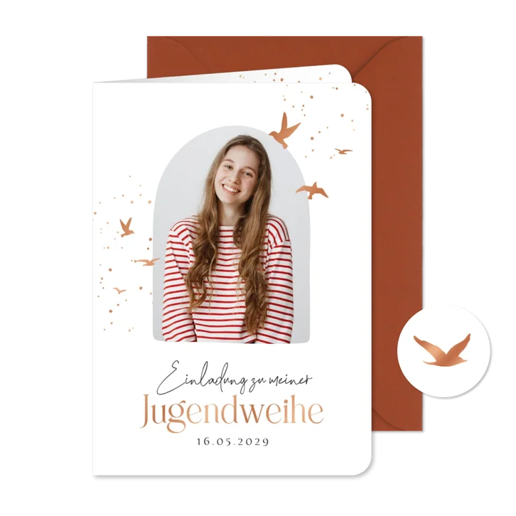 Einladung Jugendweihe Foto und Vögel Kupfer