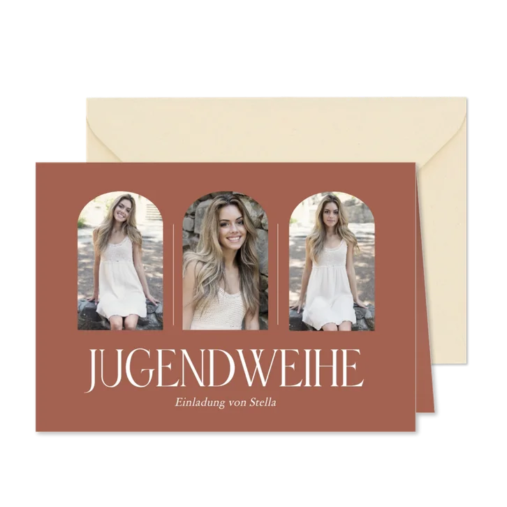 Einladung Jugendweihe rotbraun Fotoserie in Bogenfenster