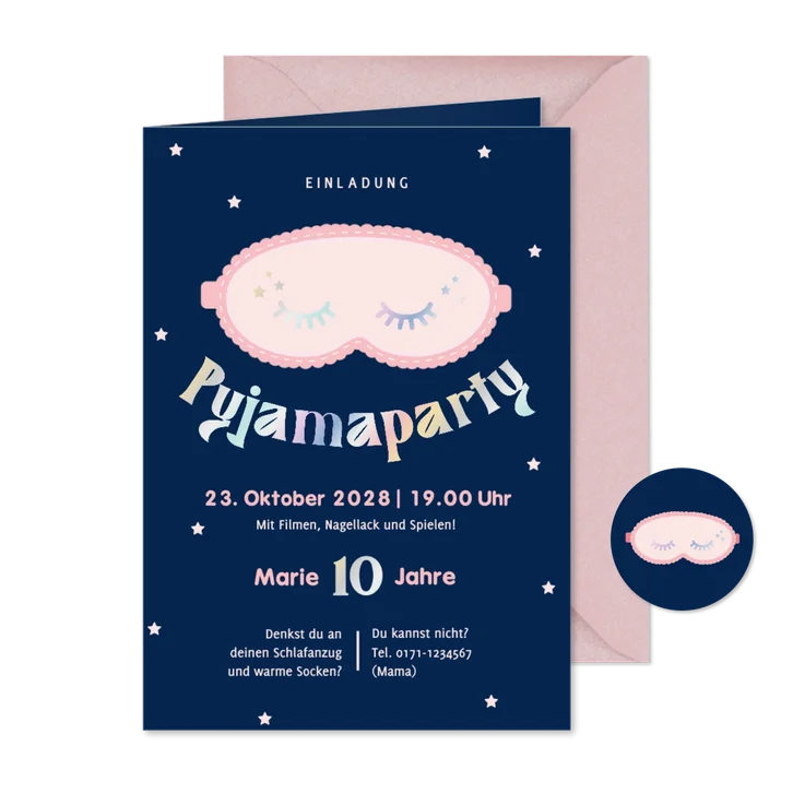 Einladung Kinder 10. Geburtstag Pyjamaparty Schlafmaske