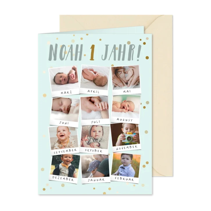 Einladung Kindergeburtstag 12 Monate hellblau Fotocollage