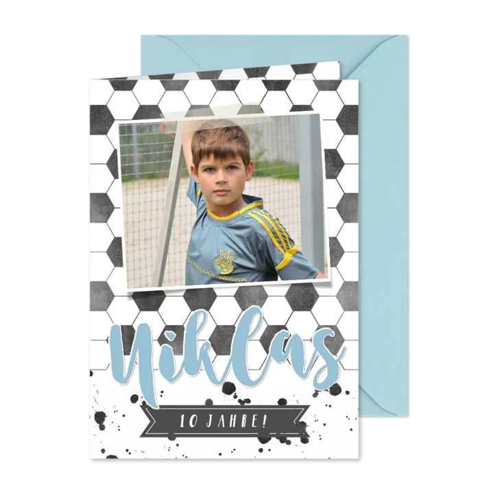 Einladung Kindergeburtstag blau Fußballhintergrund mit Foto