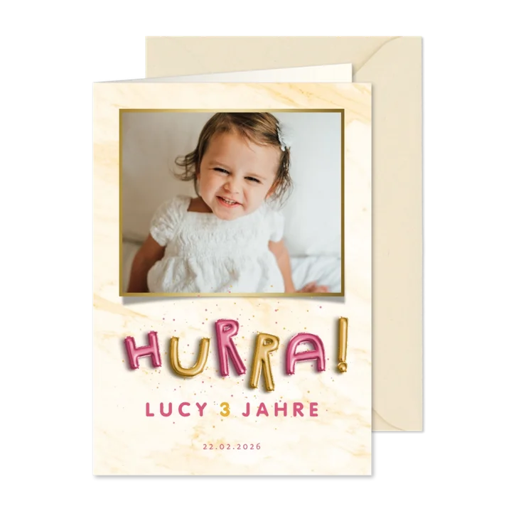 Einladung Kindergeburtstag HURRA Luftballonschrift Mädchen