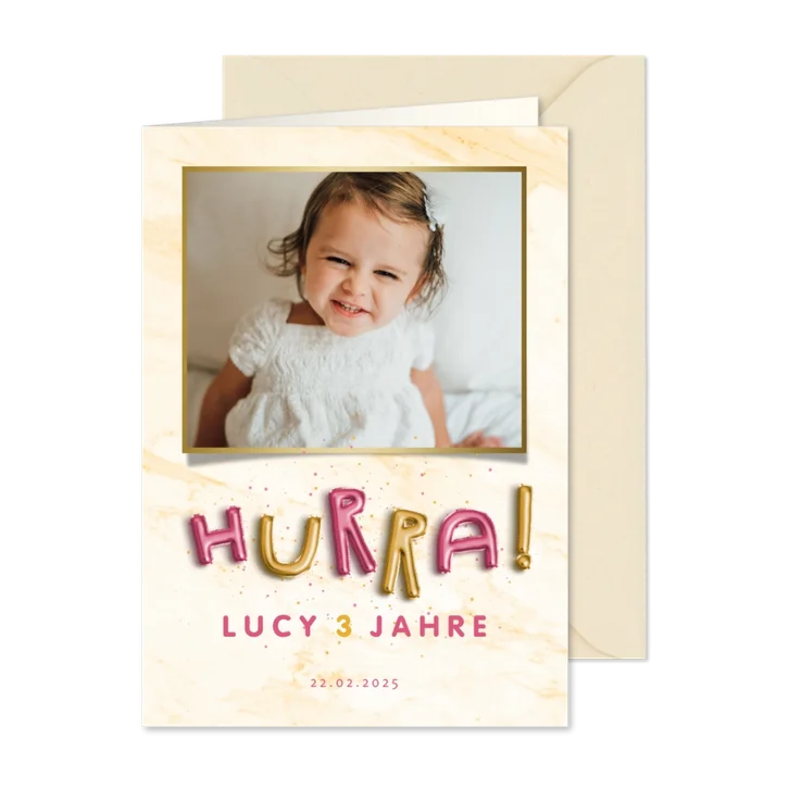 Einladung Kindergeburtstag HURRA Luftballonschrift Mädchen