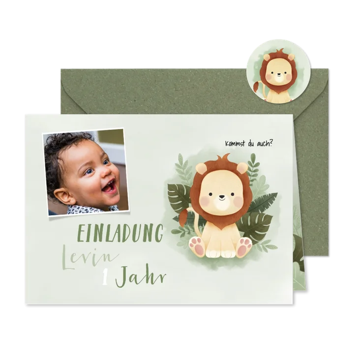 Einladung Kindergeburtstag kleiner Löwe und Foto 1 Jahr