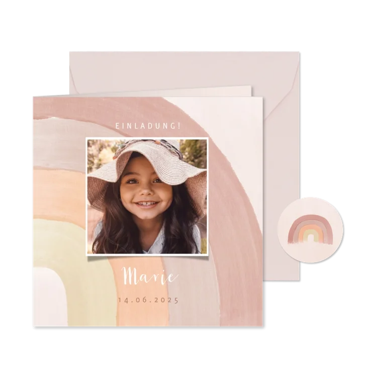 Einladung Kindergeburtstag Pastell Regenbogen & Foto