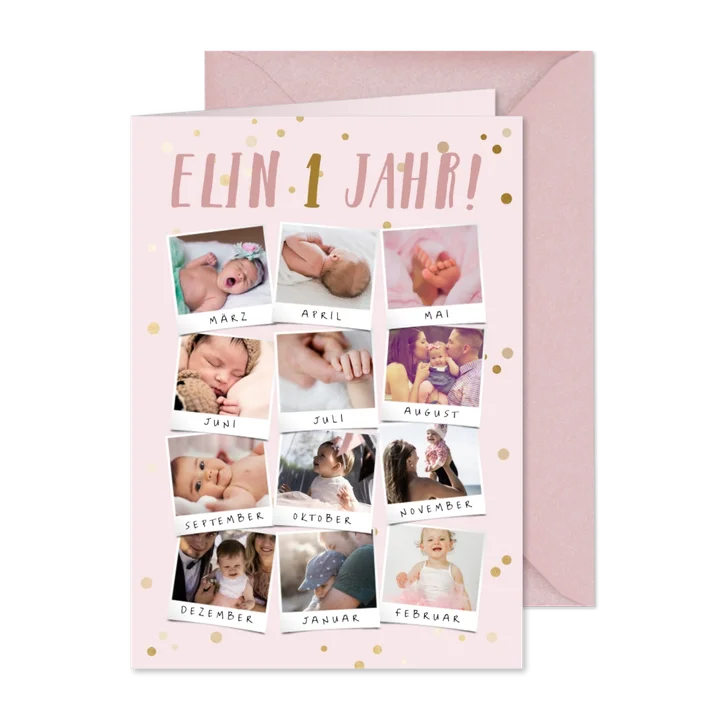 Einladung Kindergeburtstag rosa 12 Monate Fotocollage