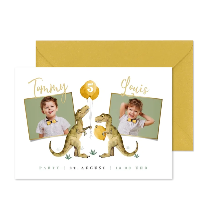 Einladung Kindergeburtstag Zwillinge eigene Fotos und Dinos