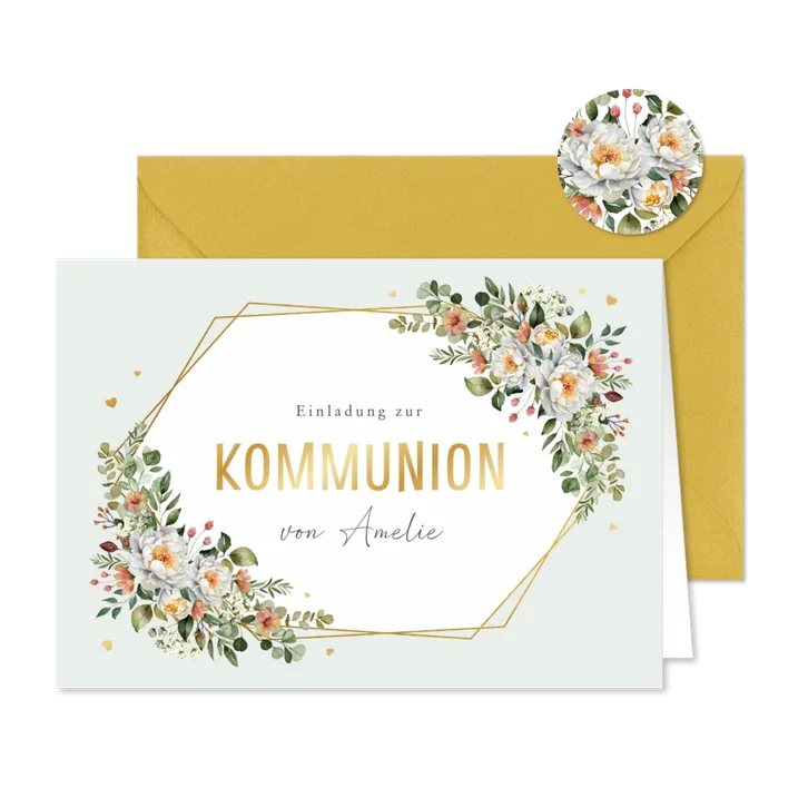 Einladung Kommunion Blumenbukett Golddruck