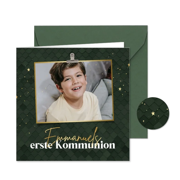 Einladung Kommunion dunkelgrün, Foto & Gold