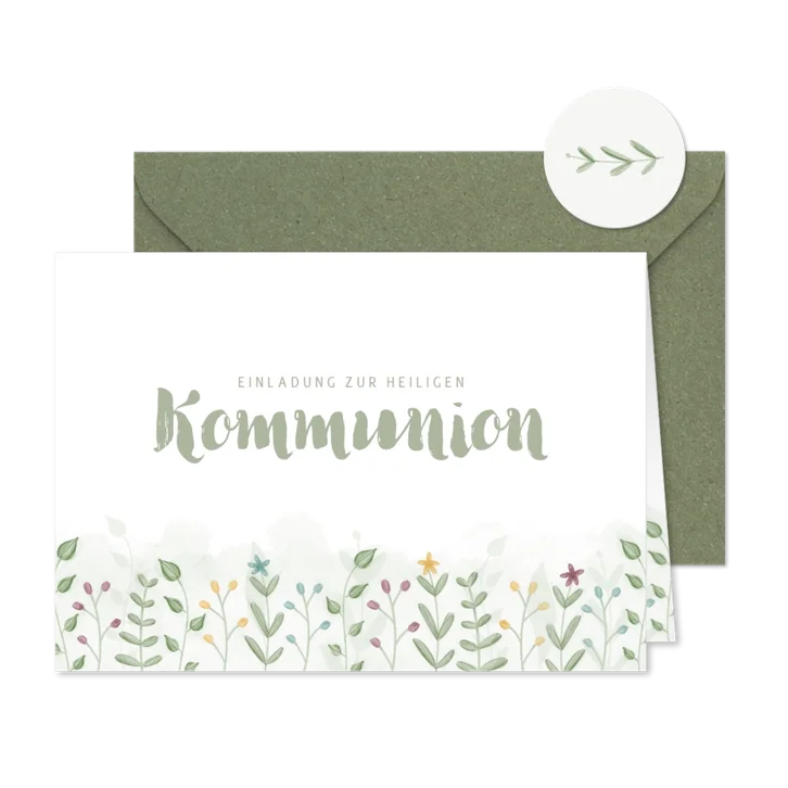 Einladung Kommunion mit illustrierten Zweigen und Blumen