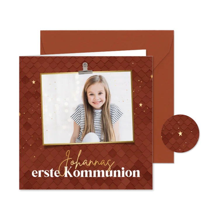 Einladung Kommunion rostbraun, Foto & Gold