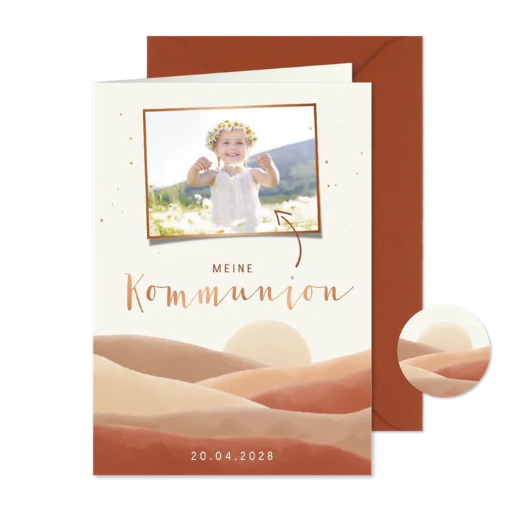 Einladung Kommunion Sonne, Wellenlandschaft & Kupfer