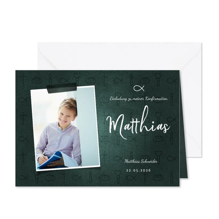 Einladung Konfirmation dunkelgrün Foto & kleine Symbole