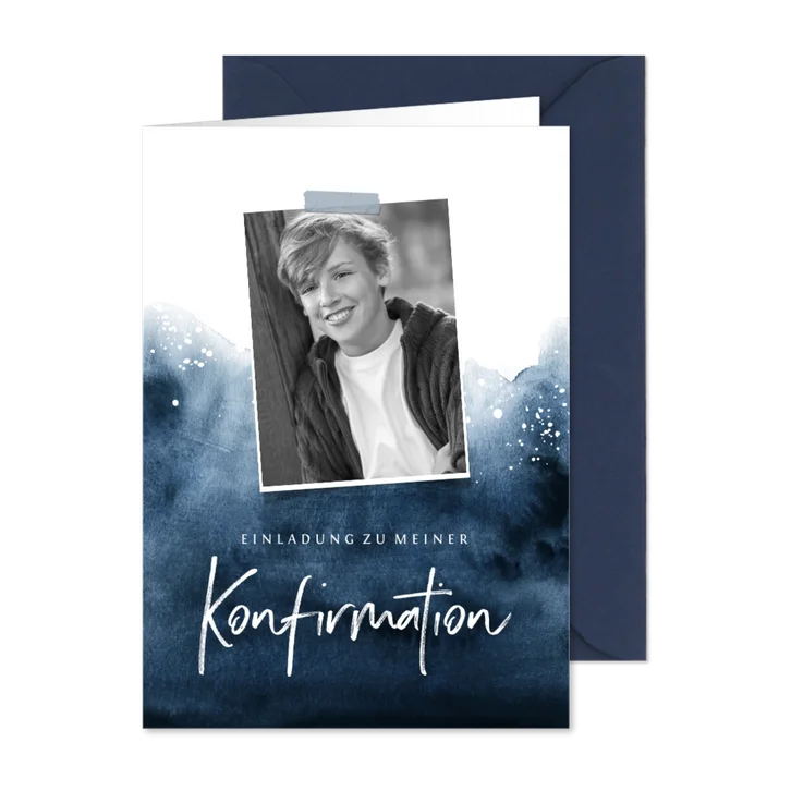 Einladung Konfirmation Foto Aquarell dunkelblau