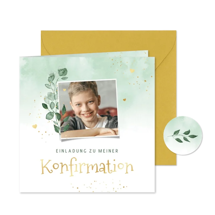 Einladung Konfirmation Foto, Aquarell & Gold