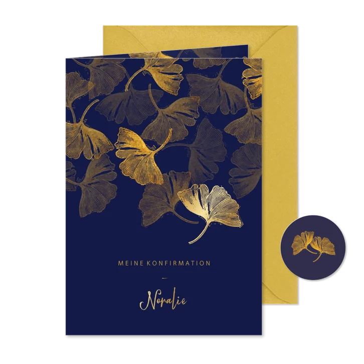 Einladung Konfirmation Ginkgoblätter Stempel Foto innen