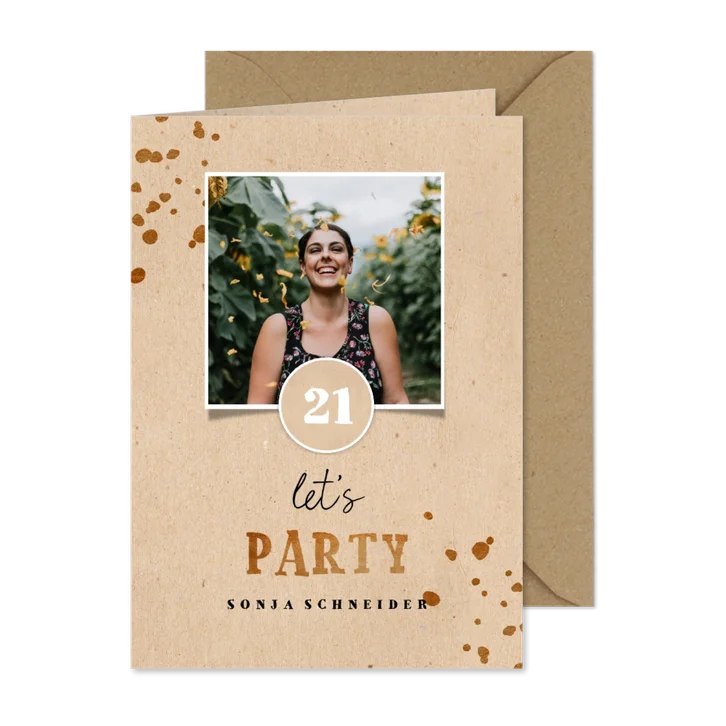 Einladung 'let's party' zum 21. Geburtstag in braun mit Foto